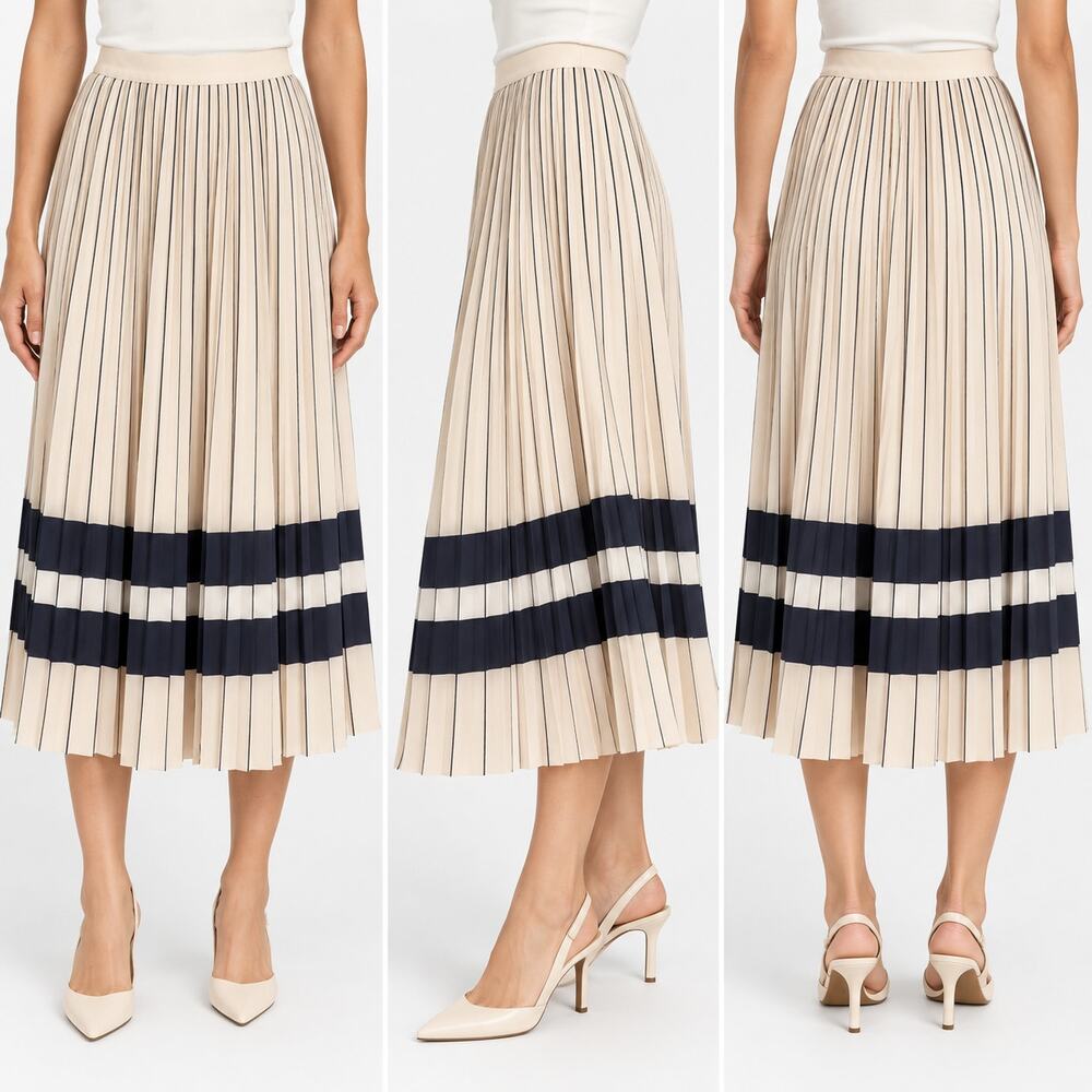 Reiss Annabelle Pleated Midi Skirt Womens US 2 Cream Black Stripe Polyester Chic